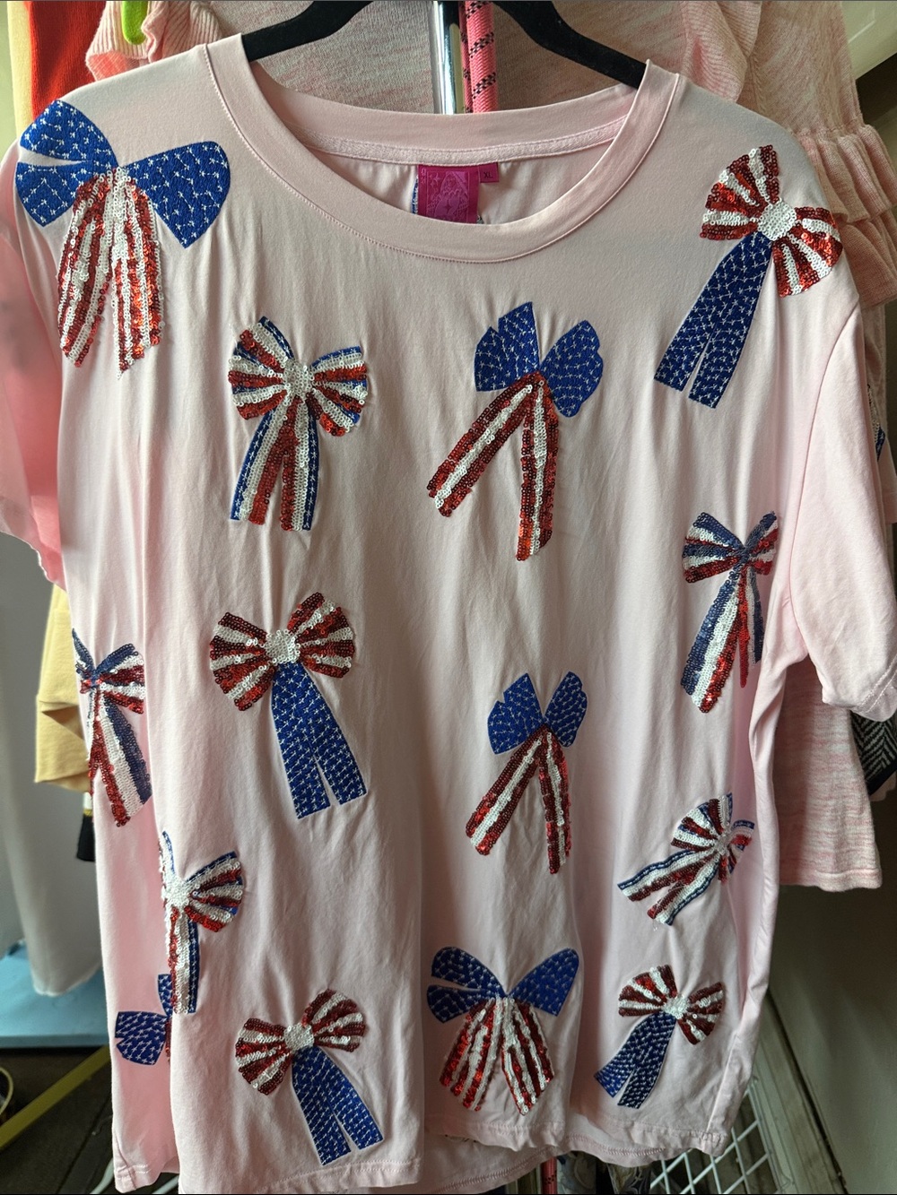 QUEEN OF SPARKLES Pink Tee with Red, White & Blue Sequin Bows